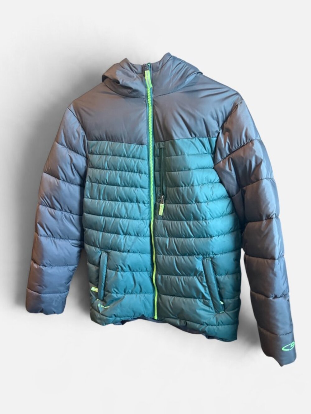 Champion Youth XL 12-14 Puffer Jacket Hooded Blue Teal Neon Green Winter Coat